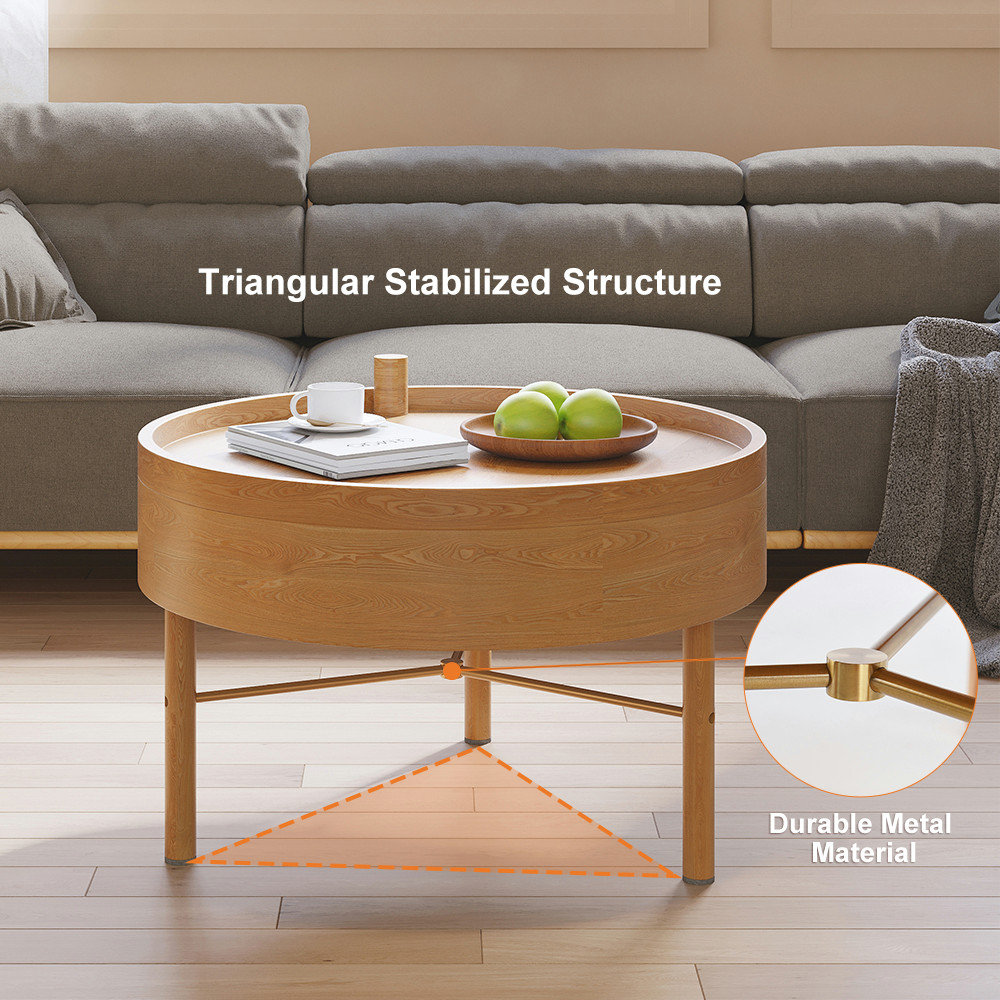 Modern Round Wood Rotating Tray Coffee Table With Storage, Natural