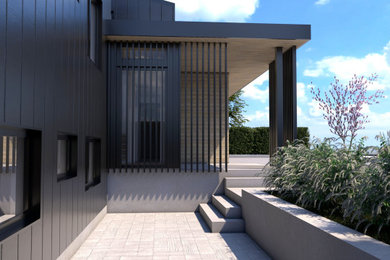 Diseño de puerta principal actual de tamaño medio con paredes blancas, suelo de cemento, puerta simple, puerta negra y suelo gris