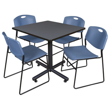 Kobe 42" Square Breakroom Table- Grey & 4 Zeng Stack Chairs- Blue