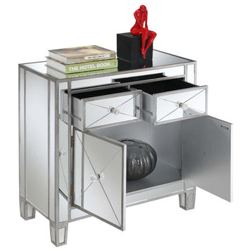 Elegant Storage Cabinet, Mirrored Design & Faux Crystal Knobs, Silver