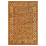 Bareens Designer Rugs - Antique Lavastone Low-Pile Isabel Gold/Tan Wool Rug - 8'9'' x 11'8'' - An exhilarating oriental rug with distinctive motifs and wide-ranging pallet of warm colors, this antique vintage distressed low pile hand knotted masterpiece is a breath-taking addition to any decor. Featuring a soft low pile, showcasing the intricate design with an awe-inspiring color palette this masterpiece is known for its versatility, all vegetable dyes, and high knot count. Known for its artistic individuality, masterful construction, and enduring appeal this one-of-a-kind rug is an excellent addition to any d�cor.