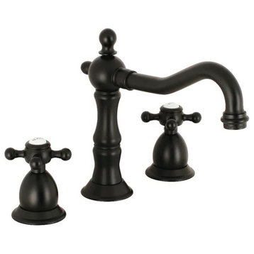 Widespread Bathroom Faucet, Tall Curved Spout With Dual Crossed Handles, Bronze