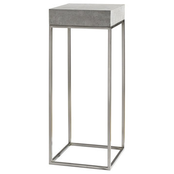 Modern Silver Concrete Top Pedestal Table, Plant Stand Square Gray Industrial