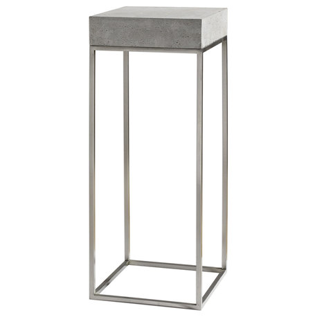 Modern Silver Concrete Top Pedestal Table, Plant Stand Square Gray Industrial