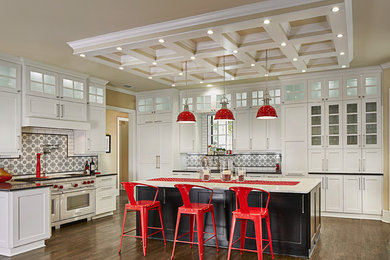 Kitchen - large transitional l-shaped brown floor and dark wood floor kitchen idea in Dallas with recessed-panel cabinets, white cabinets, quartzite countertops, stainless steel appliances, an island, white countertops and mosaic tile backsplash