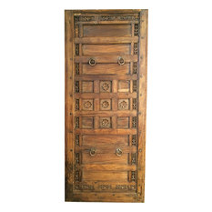 Mogul Interior - Consigned Antique Indian Floral Carved Panels Teak Headboard chakra headboard - Accent Chests And Cabinets