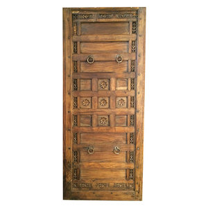 Mogul Interior - Consigned Antique Indian Floral Carved Panels Teak Headboard chakra headboard - Accent Chests And Cabinets