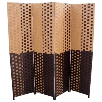 Brown/Espresso Brown Paper Straw Weave 4 Panel Screen On 2"H Legs, Handcrafted