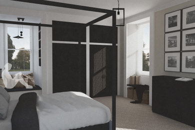 Inspiration for a large scandinavian master bedroom in Other with beige walls, carpet and beige floors.