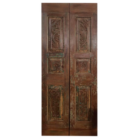 Consigned Pair of Vintage Carved Teak Barn Door Artistic Farmhouse Door