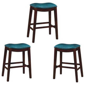 Home Square 3 Piece Saddle Faux Leather Barstool Set with Wood Base in Blue