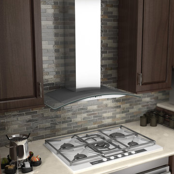 Brown kitchen featuring a ZLINE KN4 Stainless Steel Glass Wall Range Hood