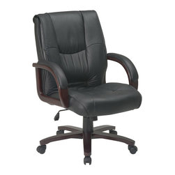Mid Back Leather Office Chair with Wood Base and Padded Arms - Office Chairs