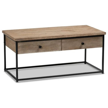 Industrial Coffee Table, Firwood Top, 2 Drawers With Round Knobs, Weathered Oak