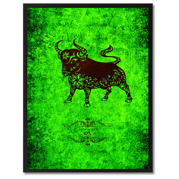 Ox Chinese Zodiac Green Print on Canvas with Picture Frame, 13"x17"