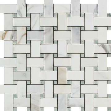 Calacatta Honed Marble Basketweave Mosaic With Ming Green Dots, 10 sq.ft.