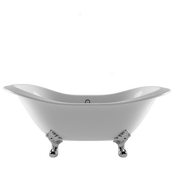 71" Double Ended Slipper Tub, Without Faucet Holes, Chrome Feet