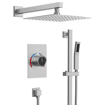 Modern Shower System with Slide Bar Hand Shower and Pressure Balance Valve, Brushed Nickel, 10"