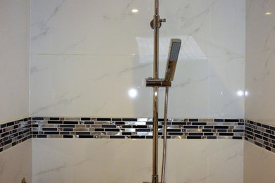 Inspiration for a small midcentury bathroom in Sussex with flat-panel cabinets, dark wood cabinets, a two-piece toilet, ceramic tiles, porcelain flooring, laminate worktops, grey floors and an open shower.