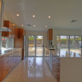 Design ideas for a modern galley kitchen pantry in Other with flat-panel cabinets, limestone benchtops, ceramic splashback and stainless steel appliances.