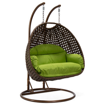 LeisureMod Mendoza Dark Brown Wicker Hanging Double Egg Swing Chair, Light Green