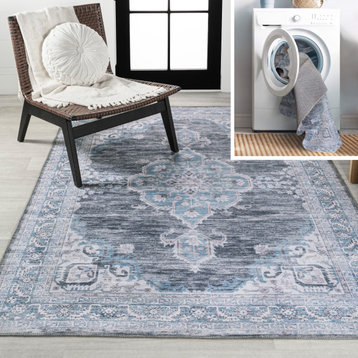 Wincer Chenille Cottage Medallion Washable Rug, Gray/Blue/White, 5 X 8