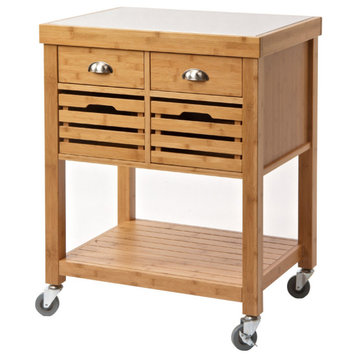 36" Bamboo Kitchen Cart Island, 2 Drawers, Stainless Steel Top, Brown