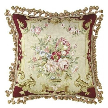 20"x20" Aubusson Throw Pillow Hand-Woven Silk  Gold/Red Flowers