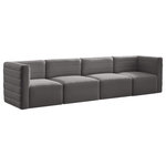 Meridian Furniture - Quincy Velvet Upholstered 4-Piece Modular Sofa, Grey - Show them all that less is more with the minimalist look of this Quincy velvet cloud-like comfort modular sofa. This elegant chair features a simple design that's all about comfort and modern style. The soft grey velvet upholstery is sleek to the touch, and the back of the unit features deep horizontal channel tufting for a look that wows. Because this is a modular seating option, you can pair it easily with other items in the Quincy collection to create a look you love. Latches underneath make it easy to mix and match items from the collection.
