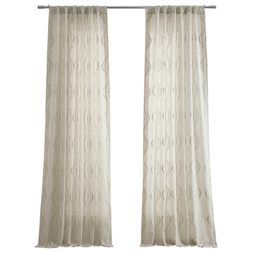 Suez Natural Embroidered FauxLinen Sheer Curtain Single Panel, 50"x108"