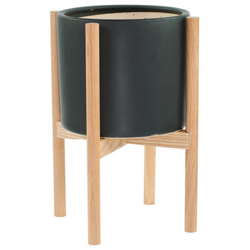 Modern Large Ceramic Cylinder Pot 10" Black With Wood Plant Stand Natural Color