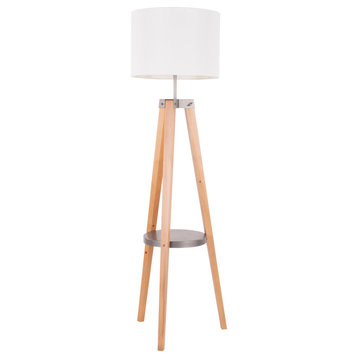 Lumisource Compass Floor Lamp With Shelf, Natural Wood and White Linen