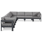 Meridian Furniture - Nizuc Water Resistant Patio L-Shaped Modular Sectional, Gray, 8-Piece: 5 Armless Chair, 3 Corner Chair, Dark Gray Aluminum Frame - Pick and choose your favorites from the Nizuc collection to create a modular seating group the whole gang will enjoy. The sturdy aluminum frame provides dependable support for friends and family as they relax and unwind, and the resilient grey water resistant fabric stands up to the elements without losing its beautiful demeanor, so you can count on it lasting for the long haul. Latches beneath these seating pieces help you easily attach them to one another for convenient setup.