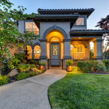 Front Door of Contemporary Home with Large Frontyard and Backyard in the Suburbs