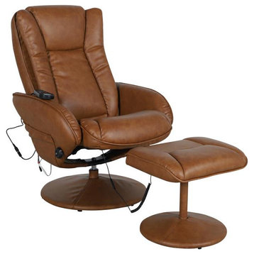Poppy Massaging Multi-Position Plush Recliner with Side Pocket and Ottoman, Brown