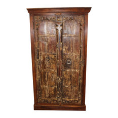 Mogul Interior - Consigned Antique Rustic Armoire Handcarved Old Wood Iron DoorFarmhouse Furnitur - Armoires and Wardrobes