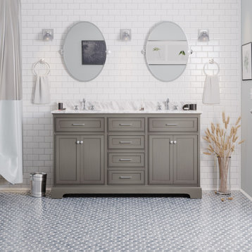 Aria 60" Bathroom Vanity, Weathered Gray, Carrara Marble, Double Vanity
