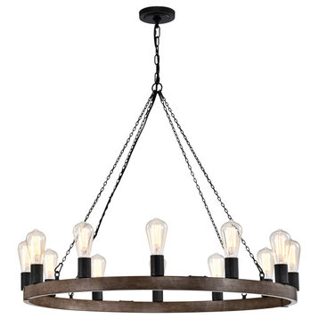 Mia 12-light Faux Wood Metal Chandelier Round Wheel With Black Sleeves