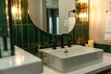 Inspiration for a small kids' green tile and wood-look tile porcelain tile, white floor and single-sink doorless shower remodel in Austin with flat-panel cabinets, medium tone wood cabinets, a two-piece toilet, a vessel sink, quartz countertops, a hinged shower door, white countertops, a niche and a built-in vanity