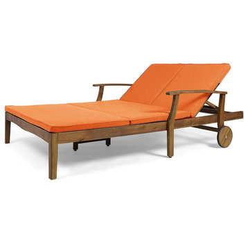 Patio Double Chaise Lounge, Fully Adjustable Design With Cushioned Seat, Orange