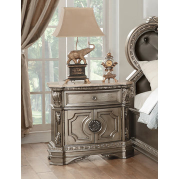 Marble Top Nightstand with a Drawer, Antique Champagne