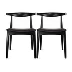Set of 2 Elbow Farmhouse Wooden Dining Chairs With PU Leather Seat, Black