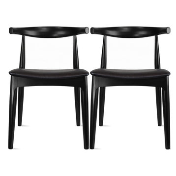 Set of 2 Elbow Farmhouse Wooden Dining Chairs With PU Leather Seat, Black