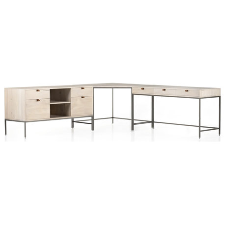 Trey Desk System With Filing Credenza Dove Poplar, Natural Iron, Toffee Leather