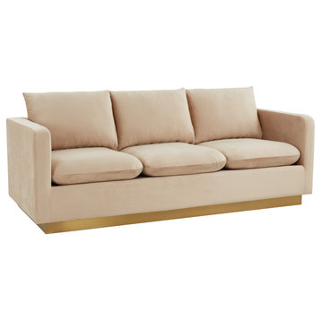 LeisureMod NS83BG Nervo Beige Modern Mid-Century Velvet Sofa with Gold Frame