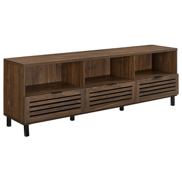 Modern TV Stand, 3 Open Compartments and Drawers With Slatted Front, Dark Walnut