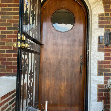 Woodgrain Round Top Steel Entry Door With Decorative Glass / BEFORE