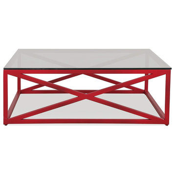 Farmhouse Coffee Table, Red Metal Base With Criss Cross Sides and Glass Top