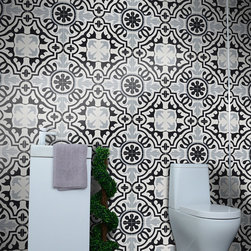 Moroccan Mosaic & Tile House - 8"x8" Baha Handmade Cement Tile, Black/Gray, Set of 12 - Wall And Floor Tile