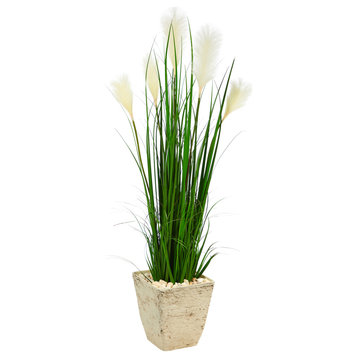 4.5' Wheat Plume Grass Artificial Plant, Country White Planter